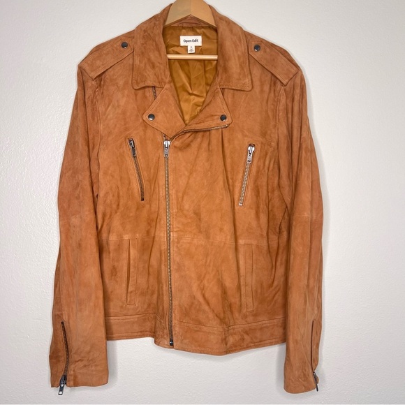 OPEN EDIT Men’s Genuine Suede Leather Moto biker Jacket Camel Brown XL NWOT - Picture 3 of 12